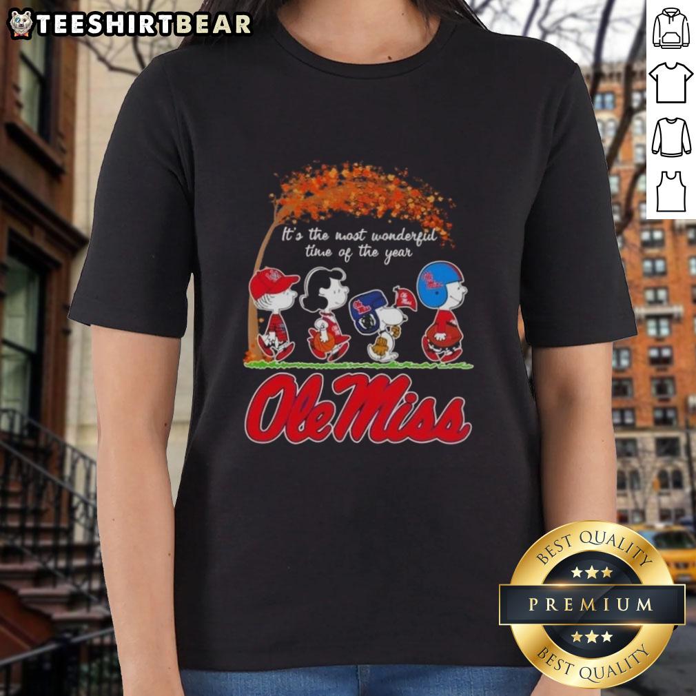 Alt Text: Premium Ole Miss Rebels X Peanuts Snoopy and Friends autumn ladies tee for the most wonderful time of the year.