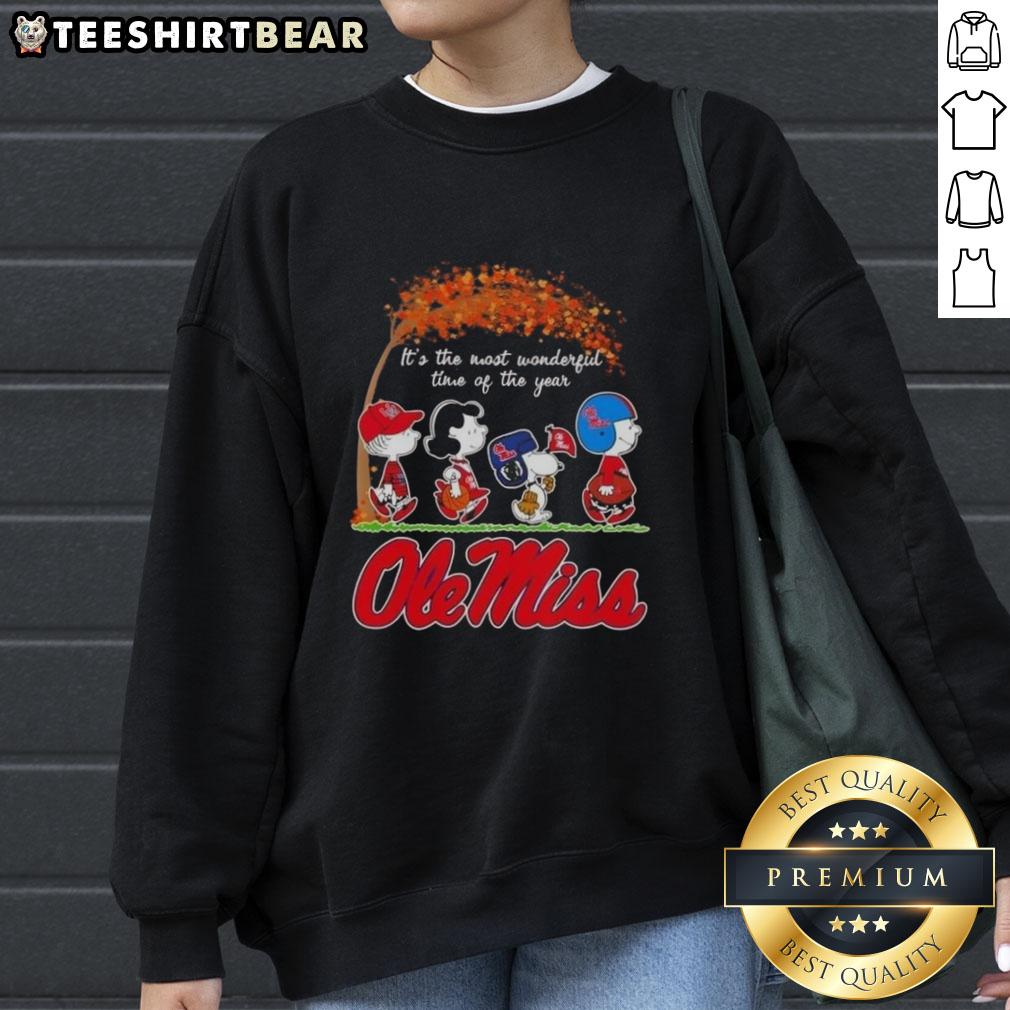 Premium Ole Miss Rebels X Peanuts Snoopy sweatshirt for autumn, celebrating 'It's the Most Wonderful Time of the Year.'