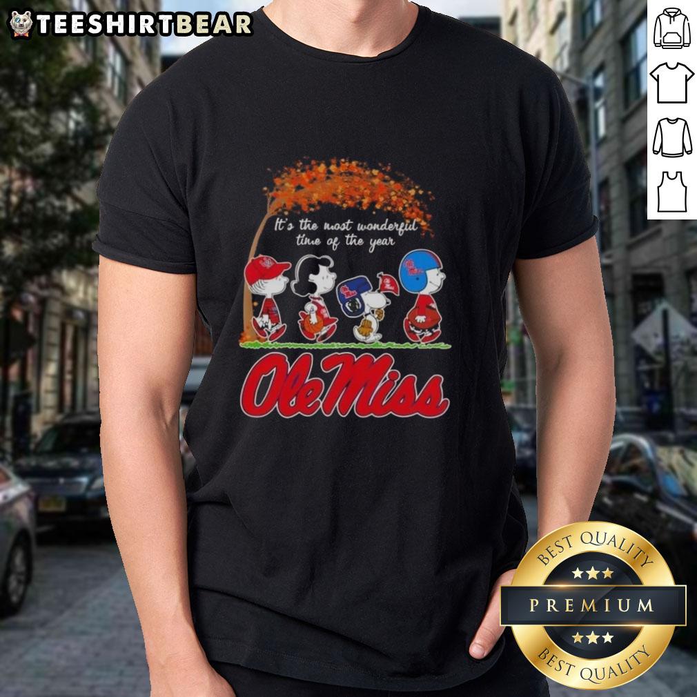 Premium Ole Miss Rebels X Peanuts Snoopy and Friends autumn t-shirt featuring festive design for the most wonderful time of the year.