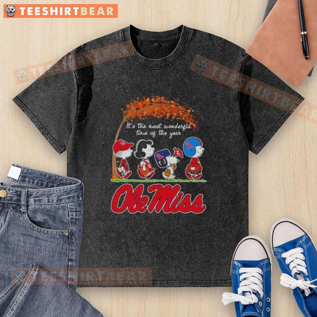 Premium Ole Miss Rebels X Peanuts Snoopy autumn t-shirt featuring festive design, perfect for the most wonderful time of the year.