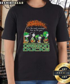 Alt Text: Premium Oregon Ducks X Peanuts Snoopy and Friends Autumn ladies tee featuring festive holiday design.