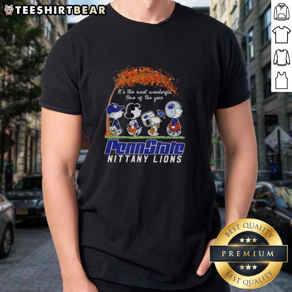 Alt Text: Premium Penn State Nittany Lions X Peanuts Snoopy and Friends autumn t-shirt, perfect for seasonal cheer and team spirit.