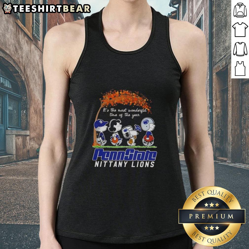 Premium Penn State Nittany Lions tank top featuring Snoopy and friends celebrating autumn's most wonderful time.