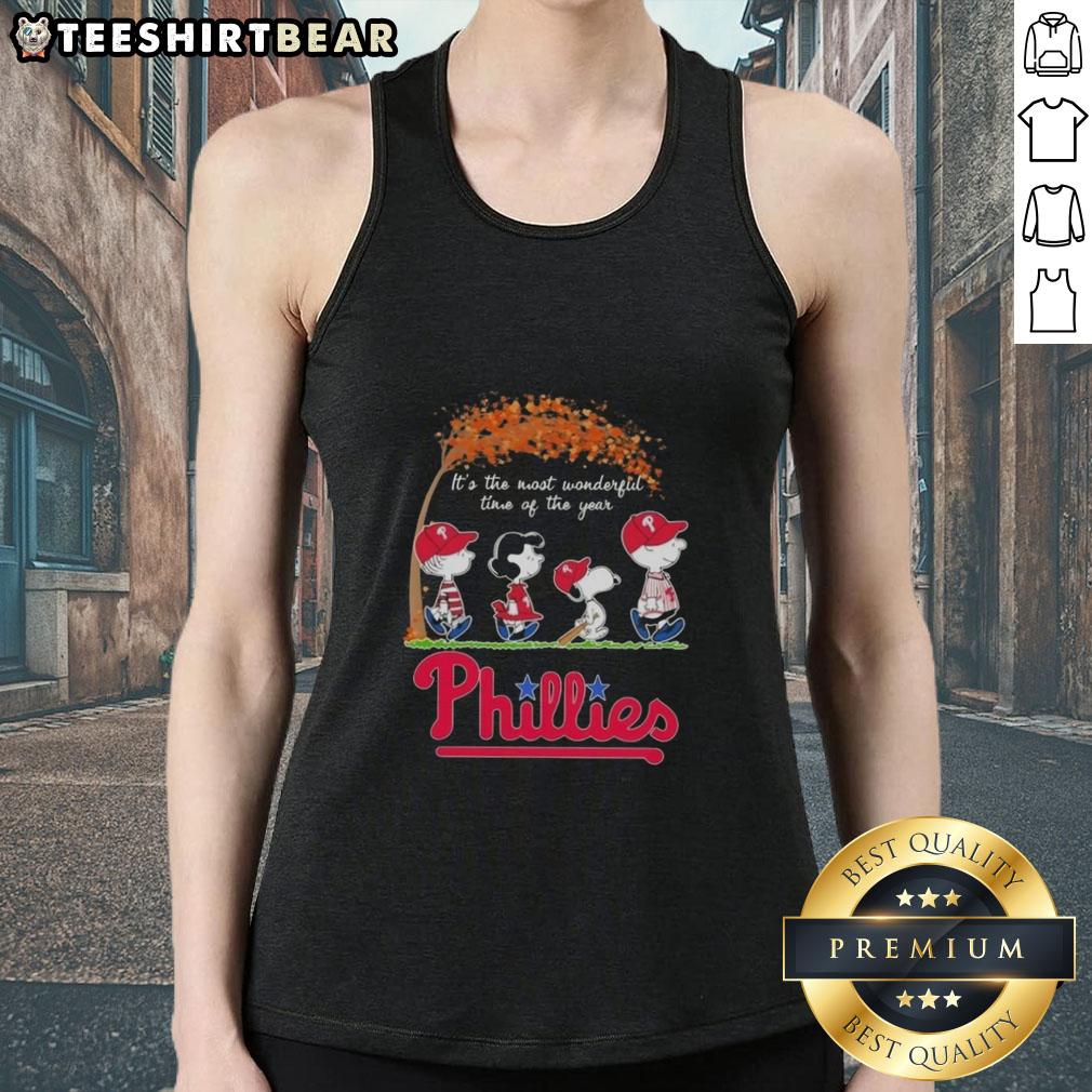 Premium Philadelphia Phillies X Peanuts Snoopy tank top for autumn, celebrating 'It's the Most Wonderful Time' theme.