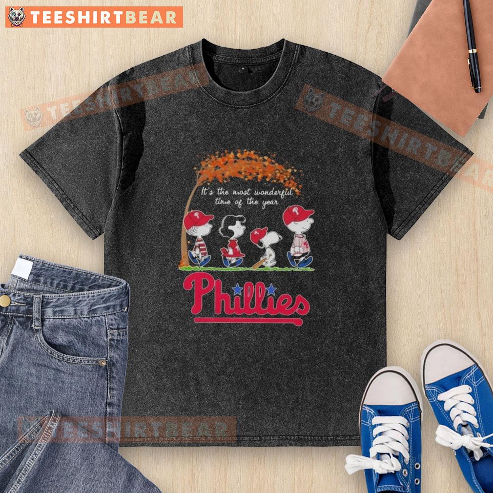 Premium Philadelphia Phillies X Peanuts Snoopy and Friends autumn t-shirt featuring a whimsical design for baseball fans.