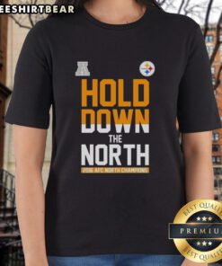 Premium Pittsburgh Steelers Hold Down the North AFC North Champions 2016 Ladies Tee in black and gold design.
