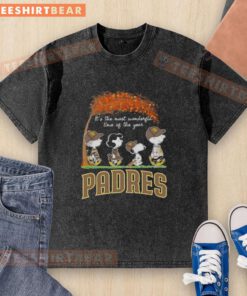 Premium San Diego Padres X Peanuts Snoopy and Friends autumn t-shirt, perfect for fall festivities and baseball fans.