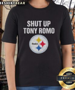 Premium Shut Up Tony Romo Pittsburgh Steelers Logo Ladies Tee in black with stylish design for fans.