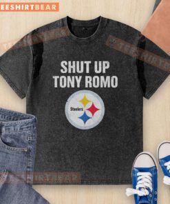 Alt Text: Premium Shut Up Tony Romo Pittsburgh Steelers Logo Washed T-Shirt featuring a vintage design and team colors.