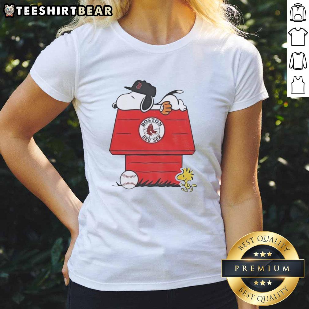 Premium Snoopy and Woodstock Boston Red Sox dugout MLB baseball ladies tee featuring vibrant graphics and comfortable fit.