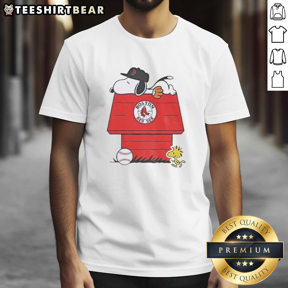 Premium Snoopy and Woodstock MLB baseball t-shirt featuring Boston Red Sox dugout design, perfect for fans.