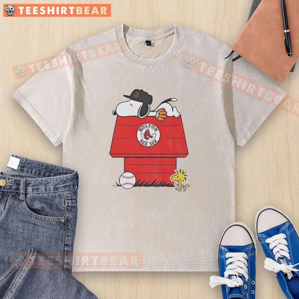 Premium Snoopy and Woodstock Boston Red Sox dugout MLB baseball washed t-shirt featuring iconic cartoon characters.
