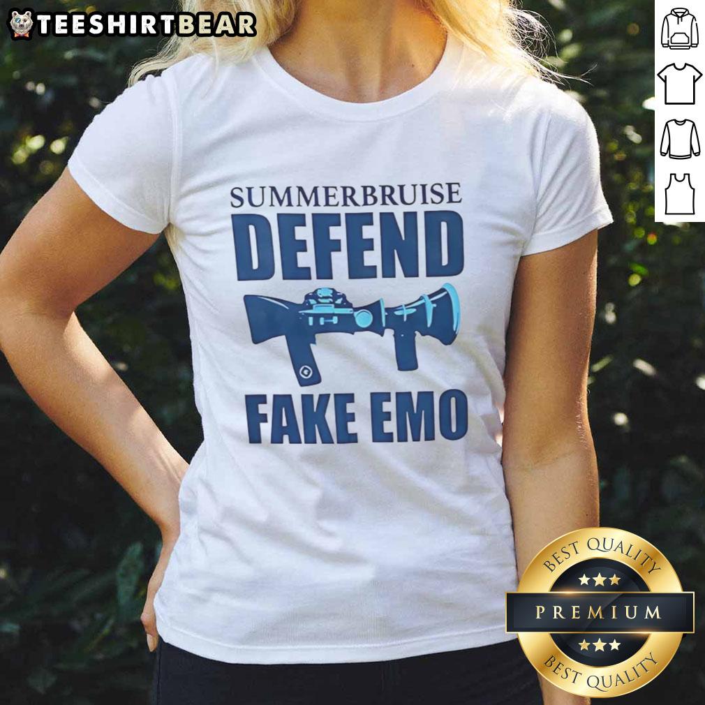 Alt Text: Premium Summerbruise Defend Fake Emo Ladies Tee featuring unique graphic design for trendy summer fashion.