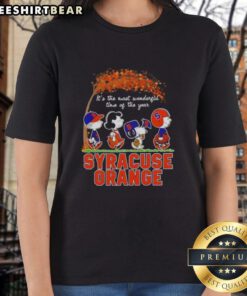 Premium Syracuse Orange X Peanuts Snoopy and Friends autumn tee for ladies, celebrating the most wonderful time of the year.