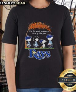 Premium Tampa Bay Rays X Peanuts Snoopy Ladies Tee for autumn featuring Snoopy and friends in festive design.