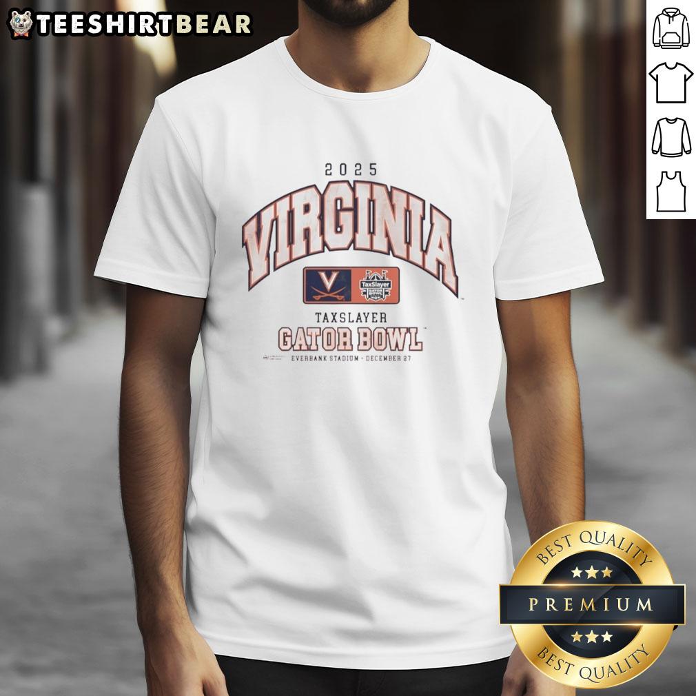 Premium Virginia Cavaliers 2025 Taxslayer Gator Bowl T-Shirt featuring team colors and logo, perfect for fans and collectors.