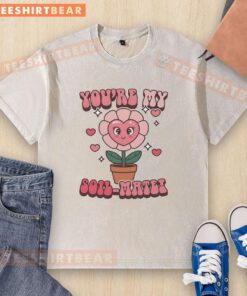 Premium 'You're My Soil Mate' washed t-shirt featuring a playful plant-themed design, perfect for gardening enthusiasts.
