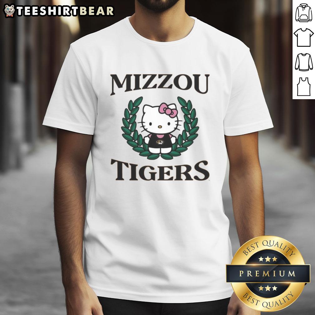 Pretty Hello Kitty Missouri Tigers crest t-shirt showcasing a cute design perfect for fans and casual wear.