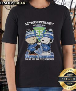 Ladies Seattle Seahawks outfit featuring Snoopy and Charlie Brown, celebrating 52nd anniversary, 1974-2026.