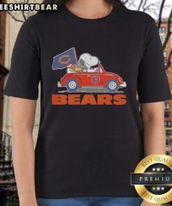 Alt Text: Pretty Snoopy and Woodstock riding a Chicago Bears football car on a ladies tee, perfect for NFL fans.
