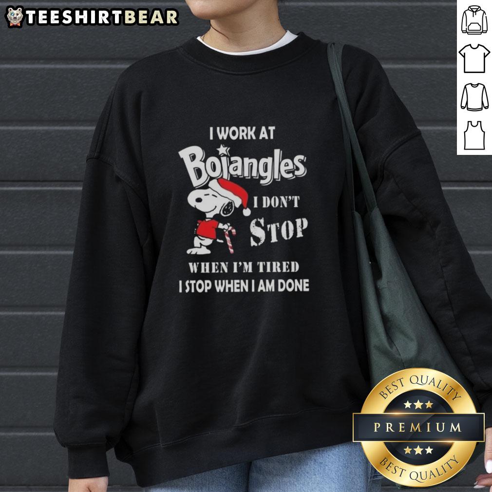 Pretty Snoopy I Work At Bojangles sweatshirt featuring a festive design, perfect for holiday wear and comfort.