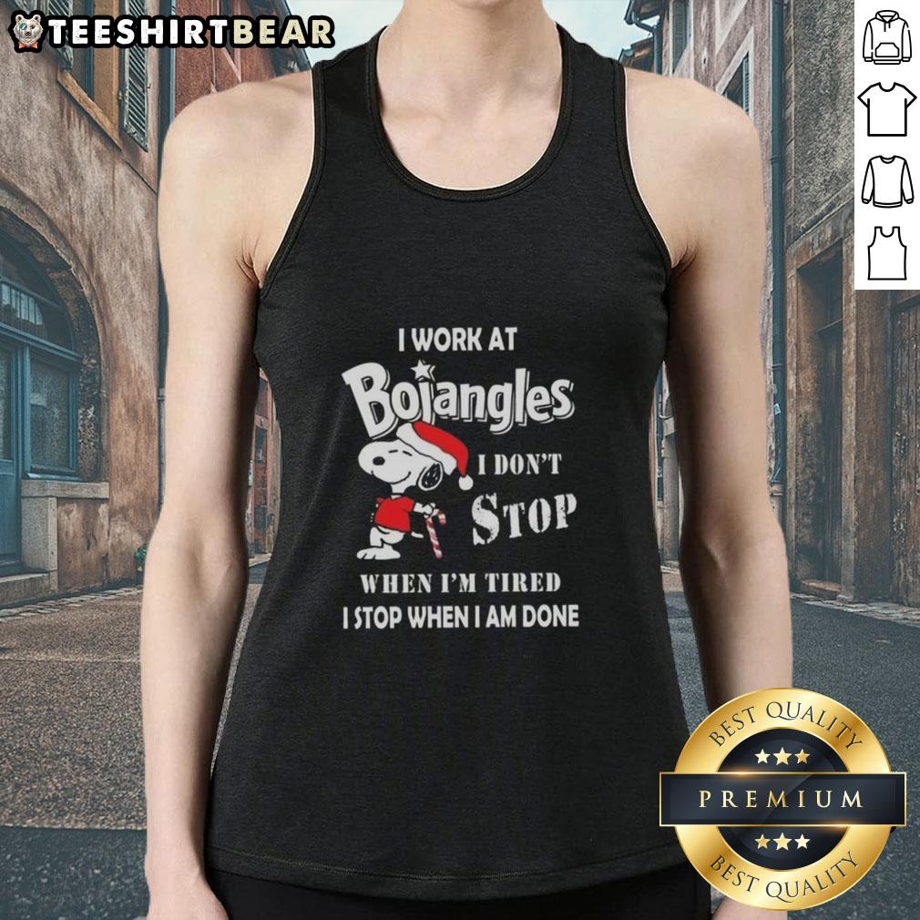 Alt Text: Cute Snoopy tank top for Christmas, featuring 'I Work At Bojangles, I Don't Stop When I'm Tired' slogan.