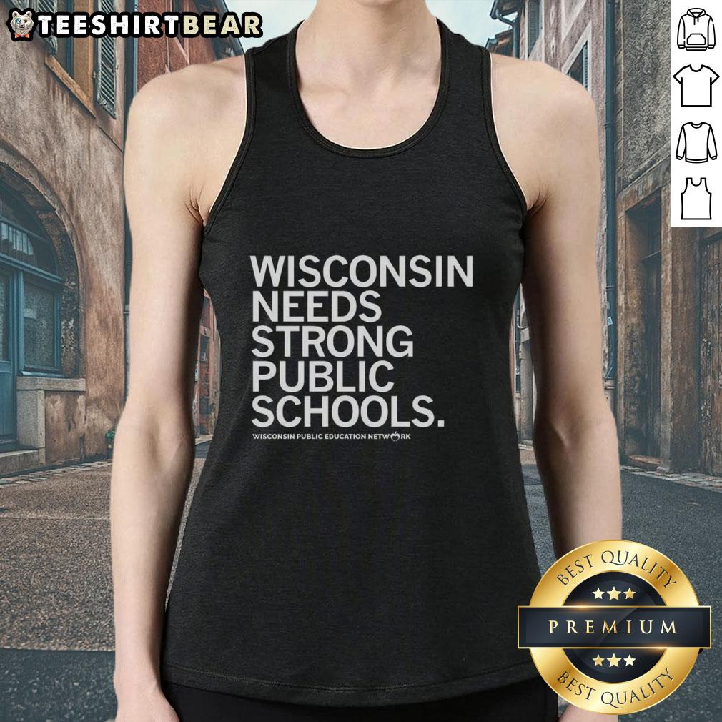 Girl wearing a tank top with 'Pretty Wisconsin Needs Strong Public Schools' design, promoting Wisconsin public education awareness.