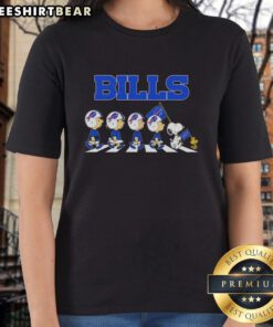 Buffalo Bills X Peanuts Snoopy and Friends Abbey Road Ladies Tee featuring playful cartoon characters in team colors.