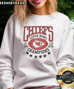 Top Chiefs 4-time Super Bowl Champions sweatshirt featuring bold team logo and championship years.