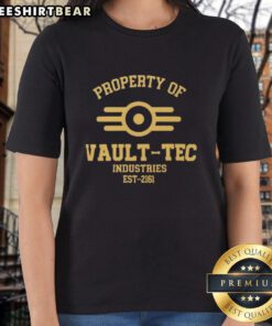Top Fallout Vault-Tec Industries EST 2161 Ladies Tee featuring retro design and vibrant colors, perfect for gamers.