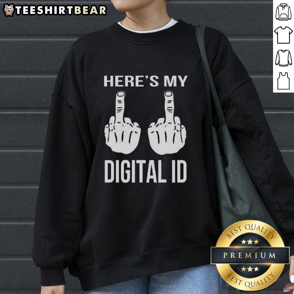 Top Heres My Digital ID Middle Finger Sweatshirt featuring a bold graphic design and a casual style for trendy outfits.