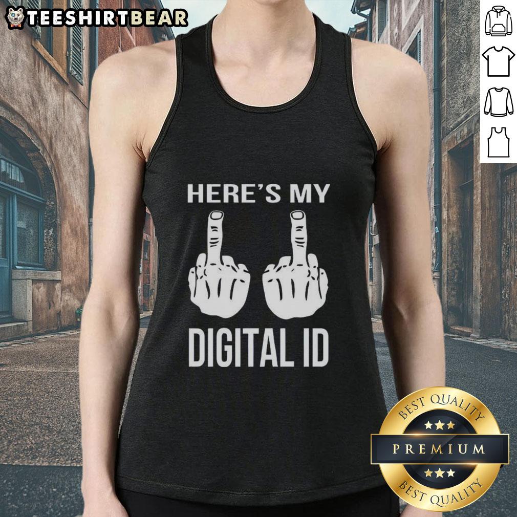 Stylish tank top featuring a digital ID graphic and a middle finger design, perfect for edgy fashion lovers.