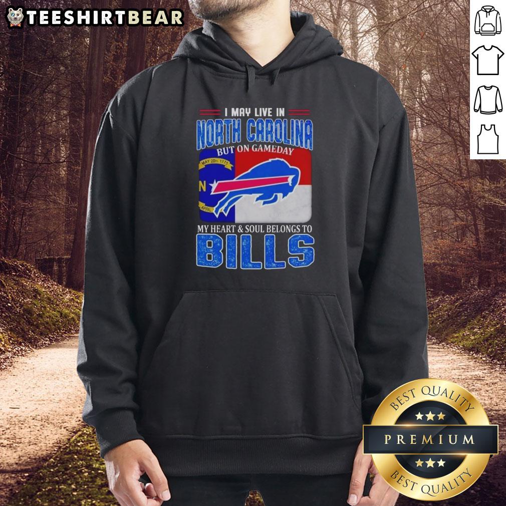 Person wearing a Bills hoodie, showcasing pride for the team while living in North Carolina on game day.