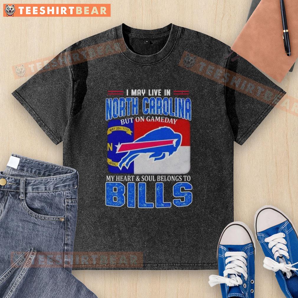 North Carolina fan wearing a Bills washed t-shirt, showcasing loyalty on game day with vibrant colors and team spirit.