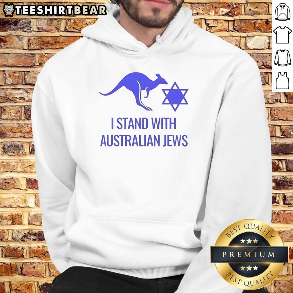 Top I Stand With Australian Jews hoodie featuring Bondi Kangaroo logo, promoting unity and support in Australia.