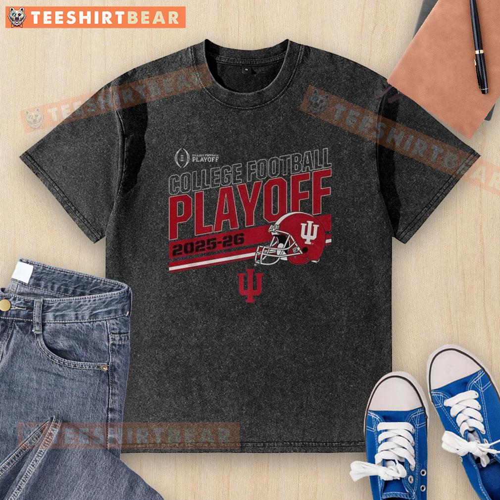 Alt Text: Top Indiana Hoosiers college football playoff 2025-2026 helmet graphic on a washed t-shirt design.
