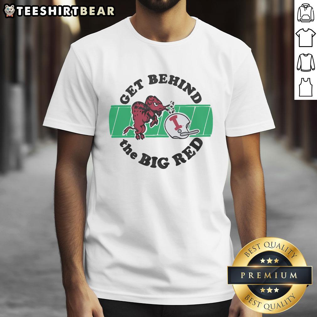 Alt Text: Top Indiana University 'Get Behind The Big Red' T-shirt featuring bold graphics and school colors.