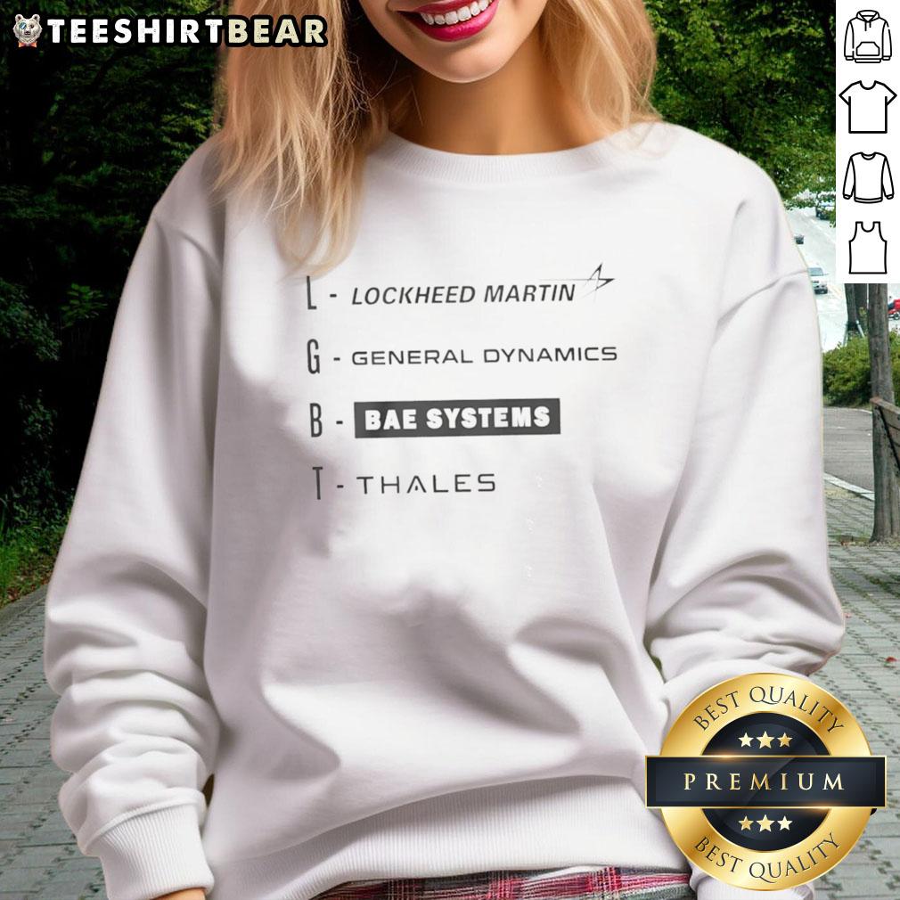 Top LGBT sweatshirt featuring Lockheed Martin, General Dynamics, BAE Systems, and Thales designs for pride and unity.