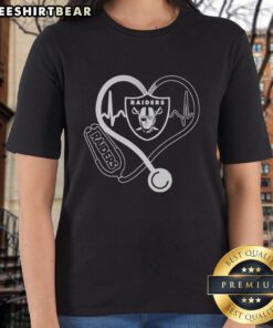 Alt Text: Stylish Los Angeles Raiders stethoscope headphones tee for ladies, perfect for fans showcasing team spirit and love.