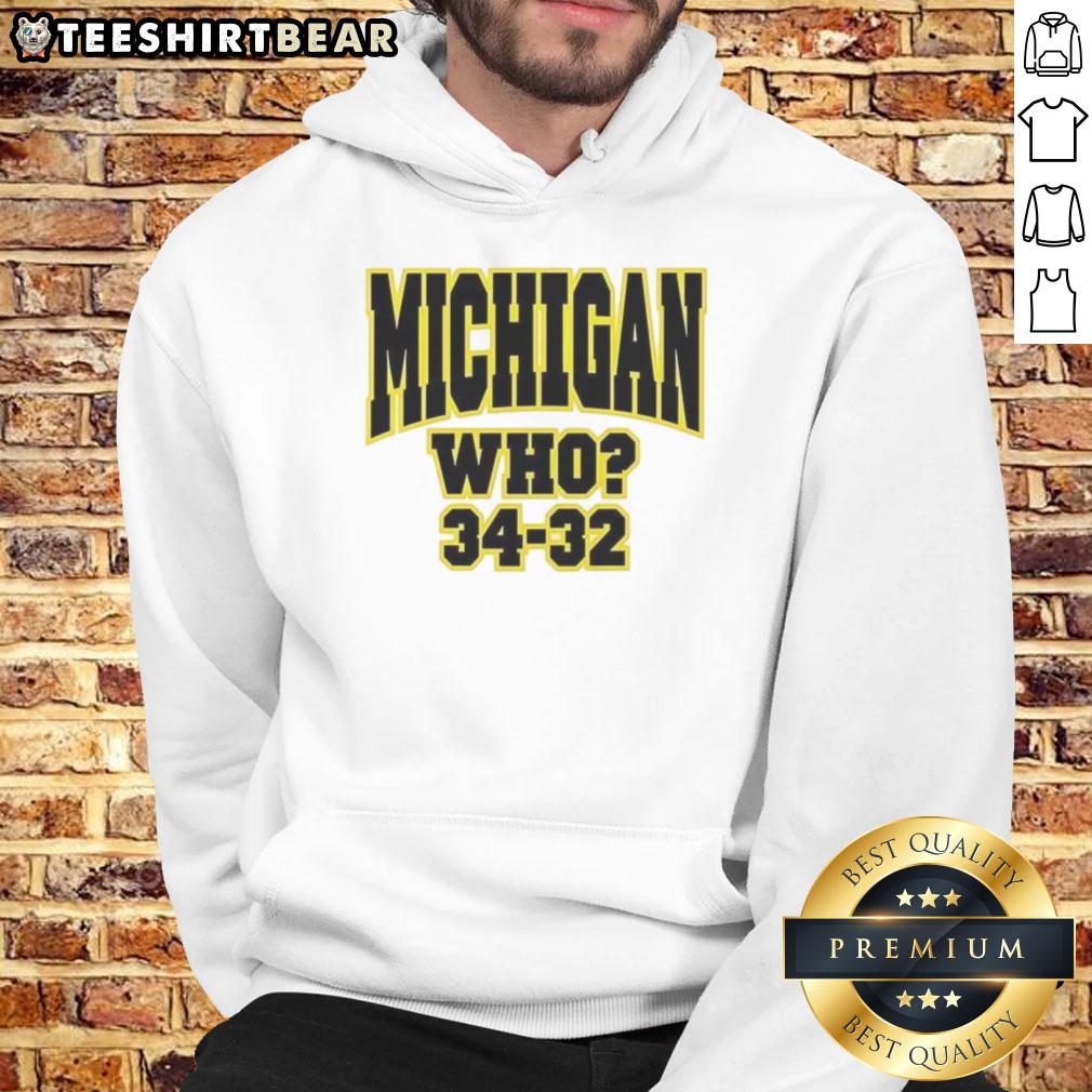 Alt Text: Black hoodie featuring Top Michigan Who 34-32 design, perfect for fans and stylish casual wear.
