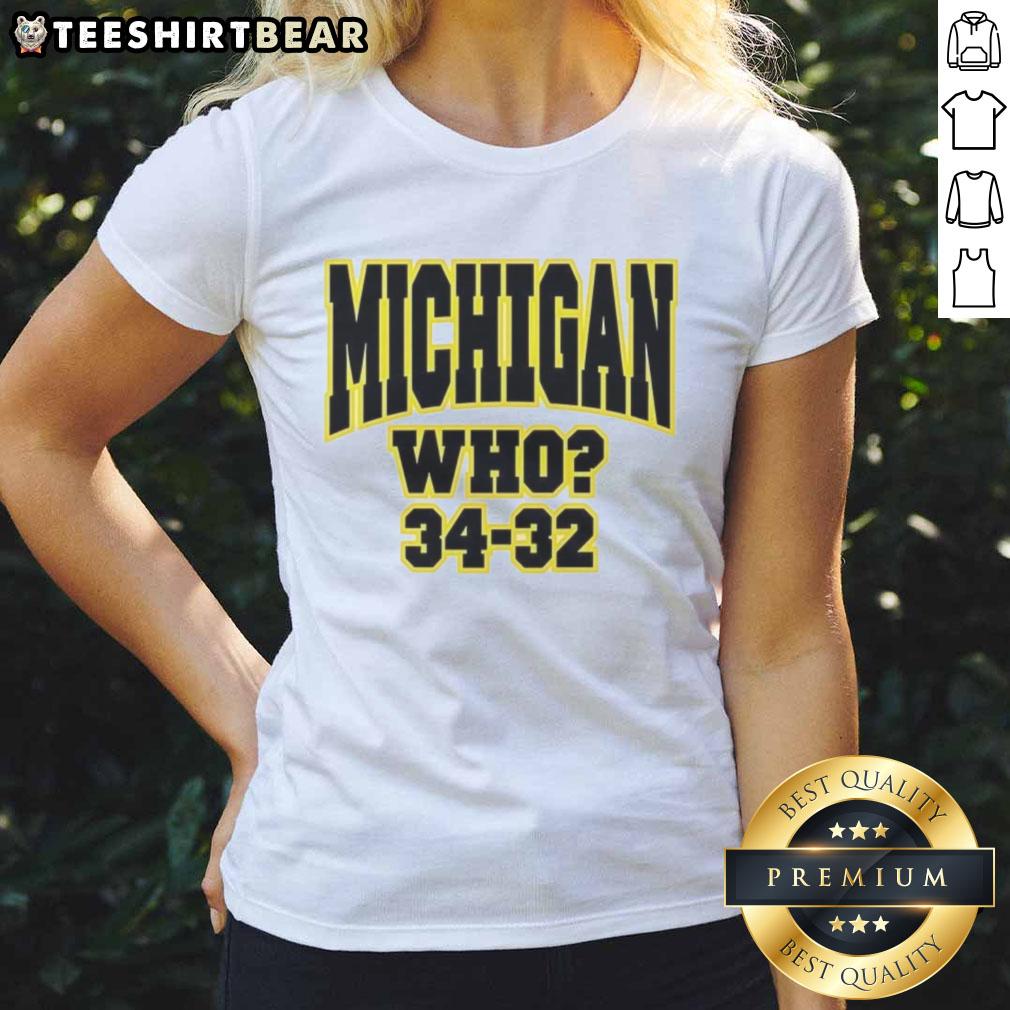 Top Michigan Who 34-32 ladies tee featuring stylish design, perfect for fans showing team pride.