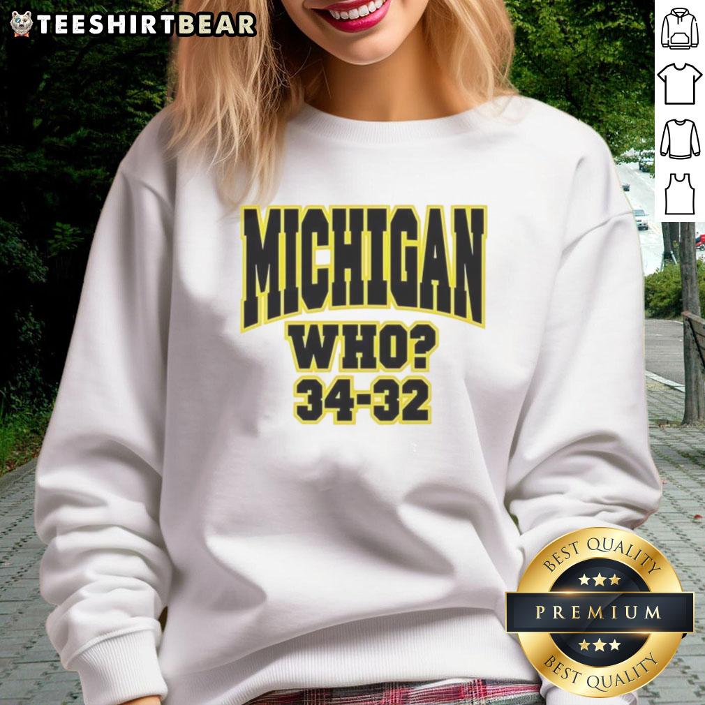 Cozy Top Michigan Who 34-32 sweatshirt featuring a bold design, perfect for showing team spirit and staying warm.