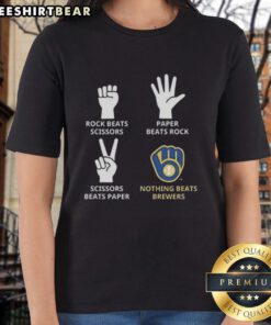 Alt Text: Top Milwaukee Brewers ladies tee featuring 'Nothing Beats Rock, Scissors, Paper Beats Rock, Scissors Beats Paper' design.