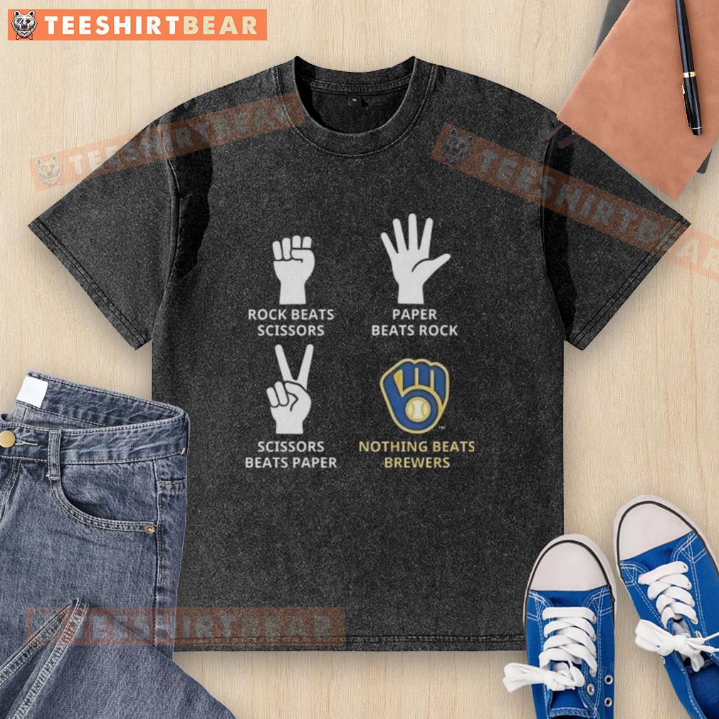 Top Milwaukee Brewers t-shirt featuring a fun 'Rock, Paper, Scissors' design for fans of the team.