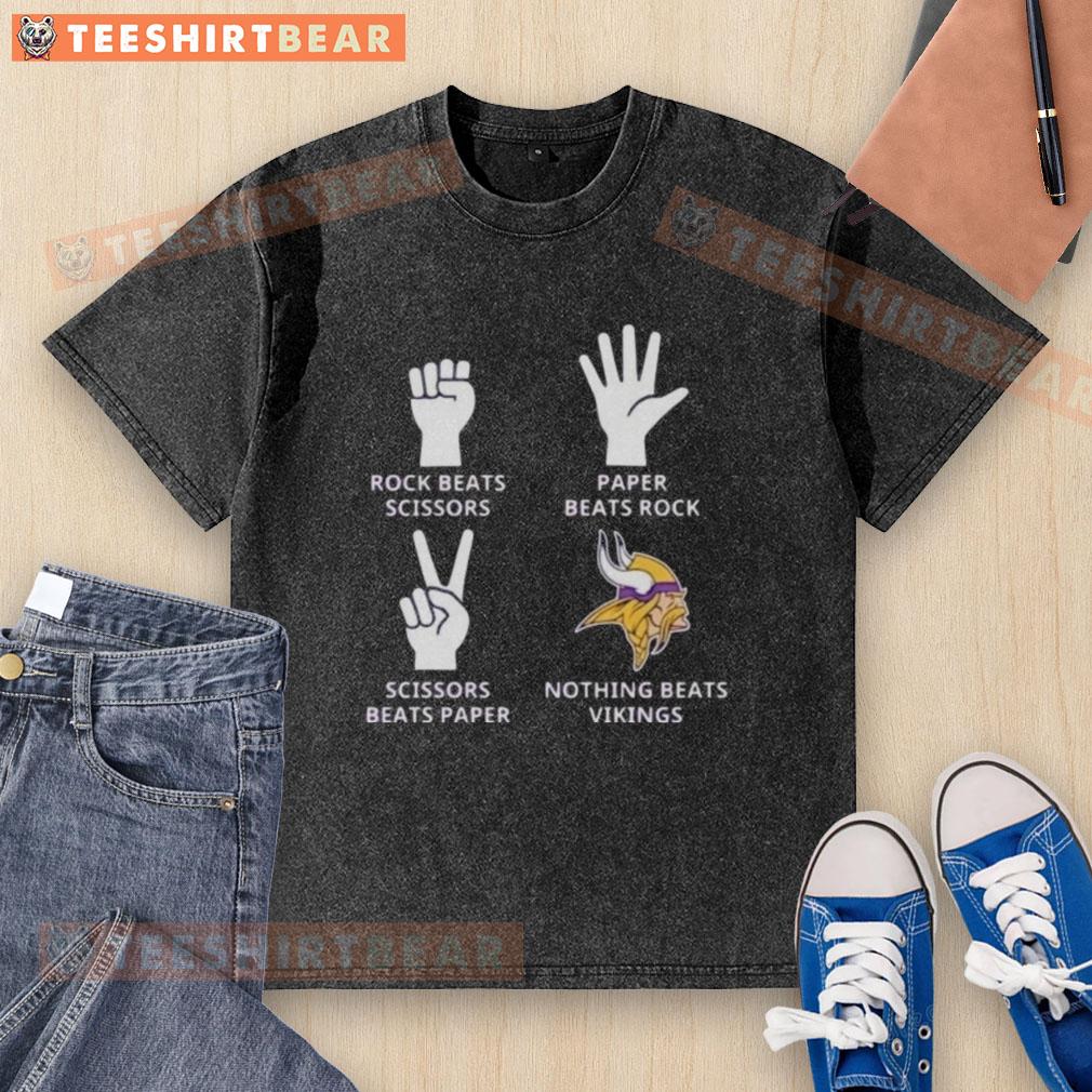 Top Minnesota Vikings t-shirt featuring 'Nothing Beats Rock, Scissors, Paper' design, perfect for fans and casual wear.