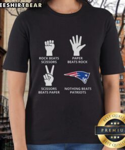 Top New England Patriots ladies tee featuring 'Rock, Paper, Scissors' design, perfect for game day fans.