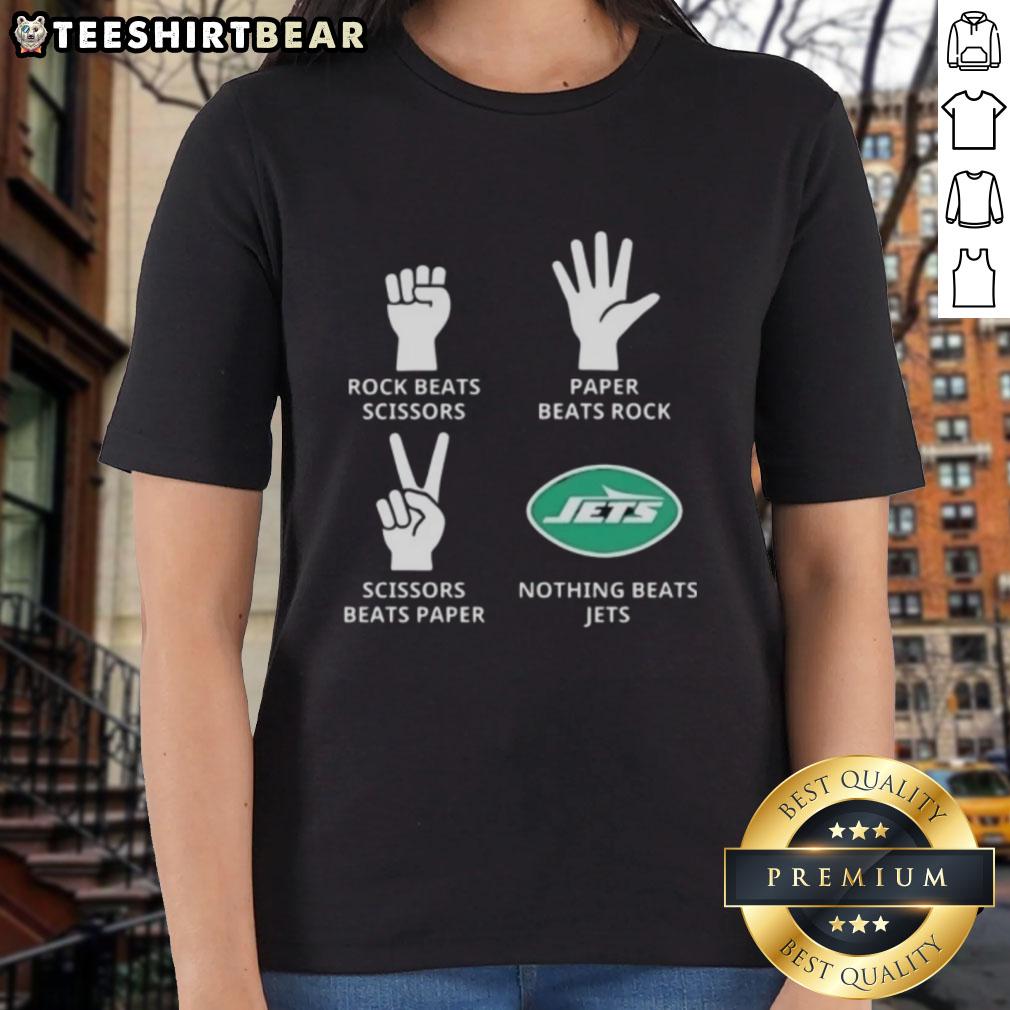 Top New York Jets ladies tee featuring 'Nothing Beats Rock, Scissors, Paper Beats Rock, Scissors Beats Paper' design.