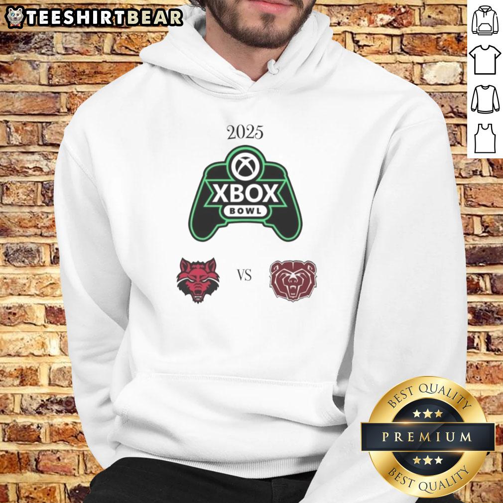 Alt Text: Top Official Missouri State vs. Arkansas State 2025 Xbox Bowl hoodie showcasing team logos and vibrant colors.