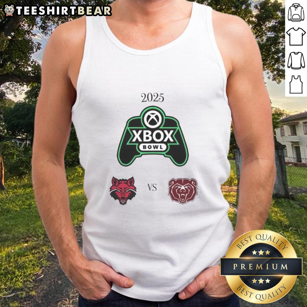 Top Official Missouri State vs. Arkansas State 2025 Xbox Bowl tank top featuring team logos and vibrant colors.