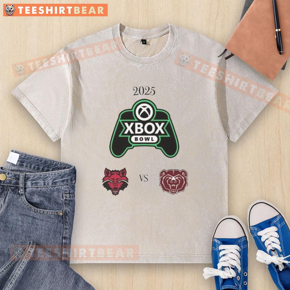 Top Official Missouri State vs. Arkansas State 2025 Xbox Bowl washed t-shirt showcasing vibrant team logos and design.